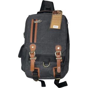 NEW Kaukko Black Canvas Brown Leather Trim Sling Bakcpack